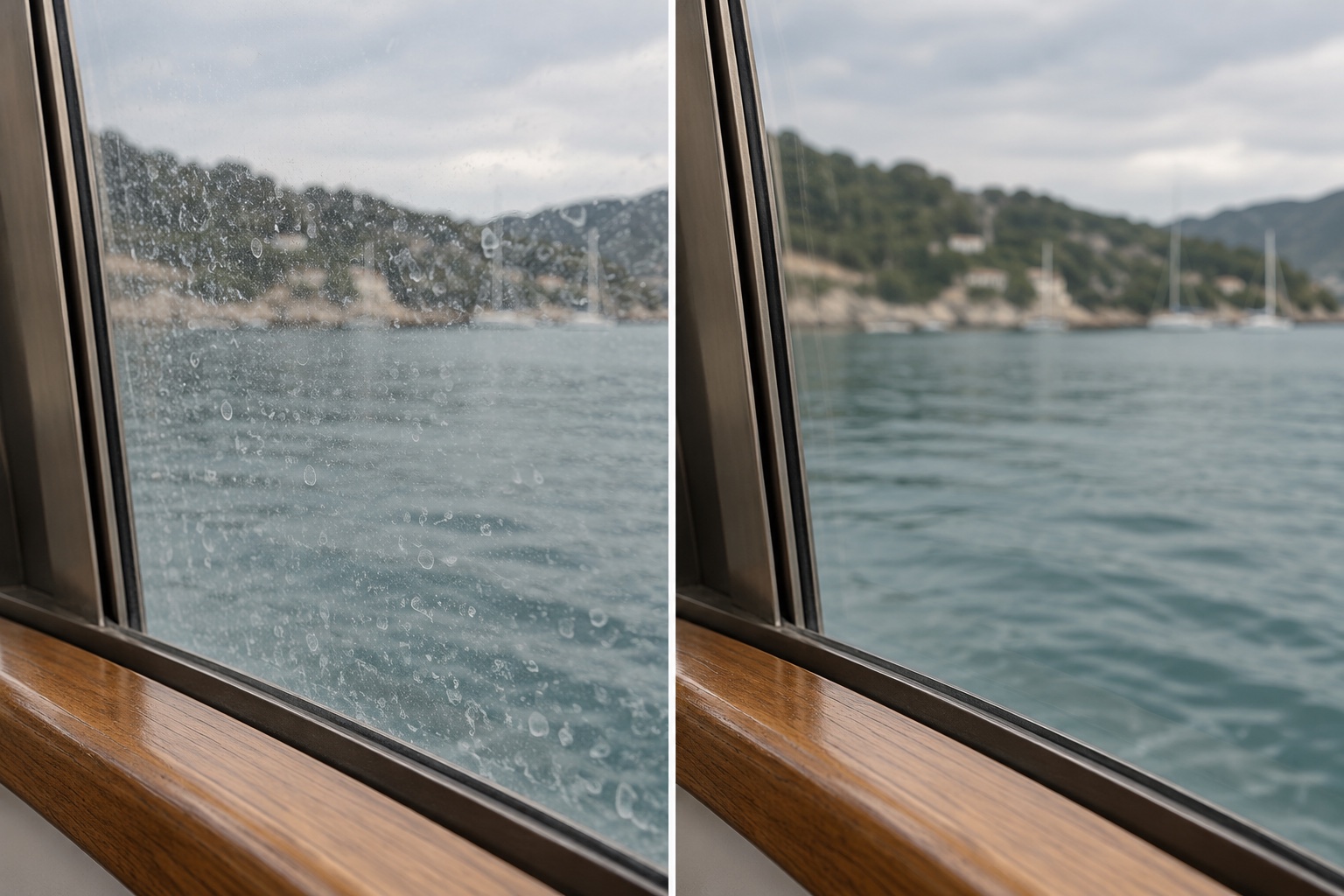 Close views of visible surface deposits and a clearer glass surface