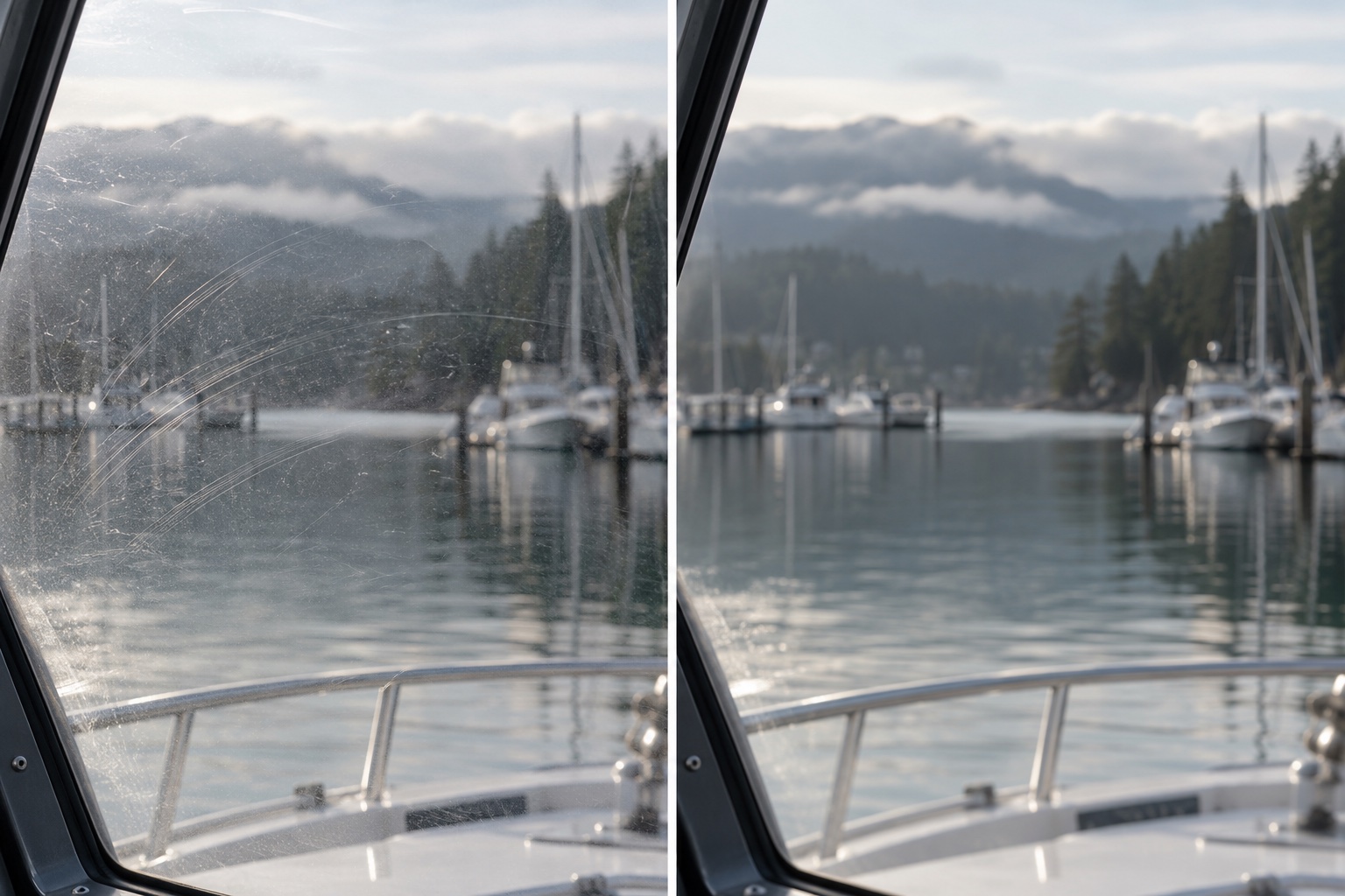 A close comparison of visible surface scratches and a clearer glass surface