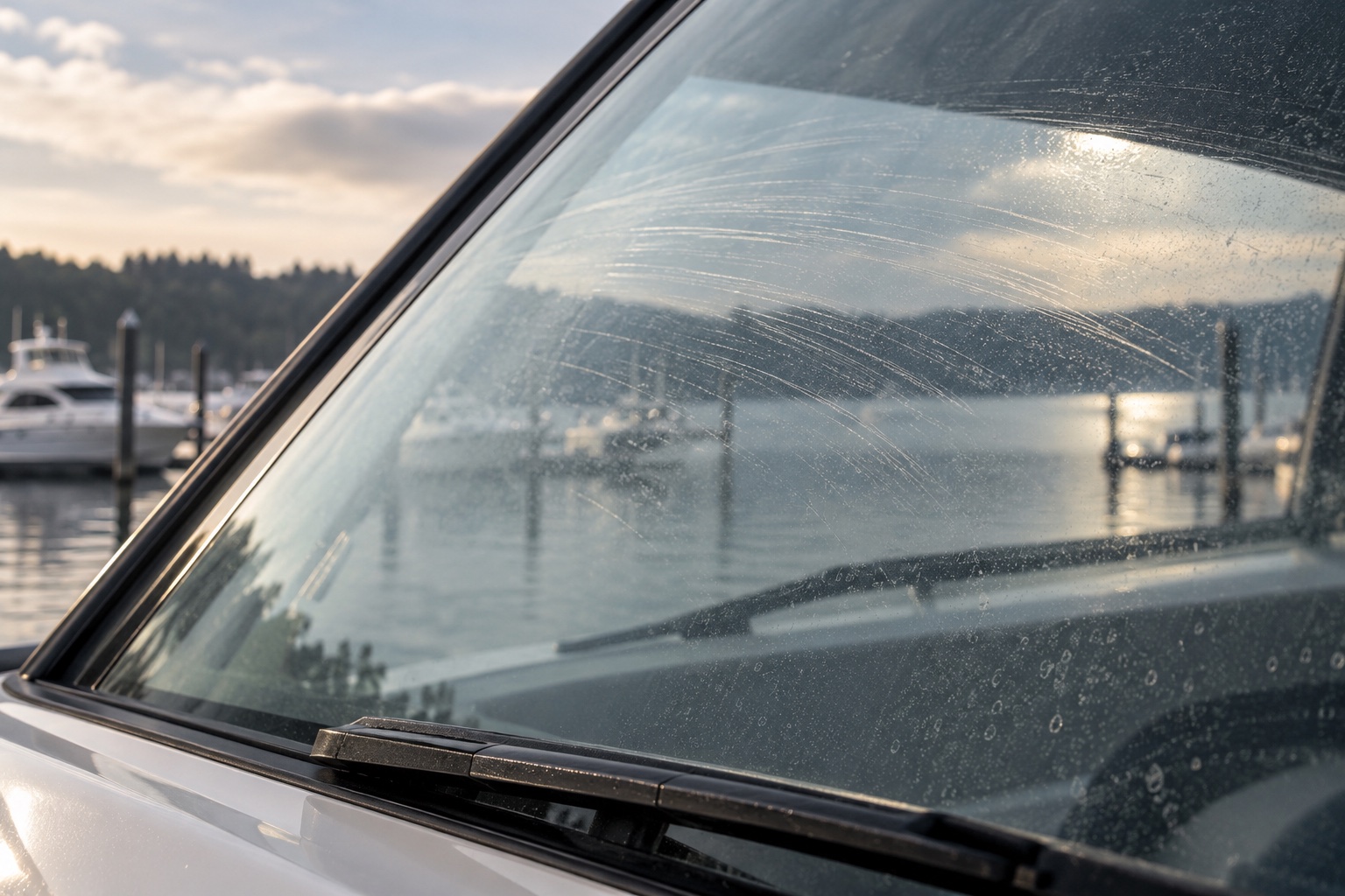 Curved surface marks following a wiper sweep across a boat windscreen